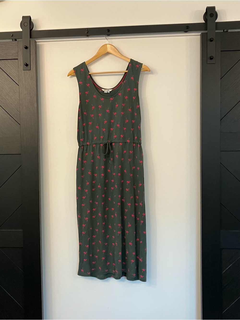 Boden Olive Green Sleeveless Midi Dress with Pink Floral Print
